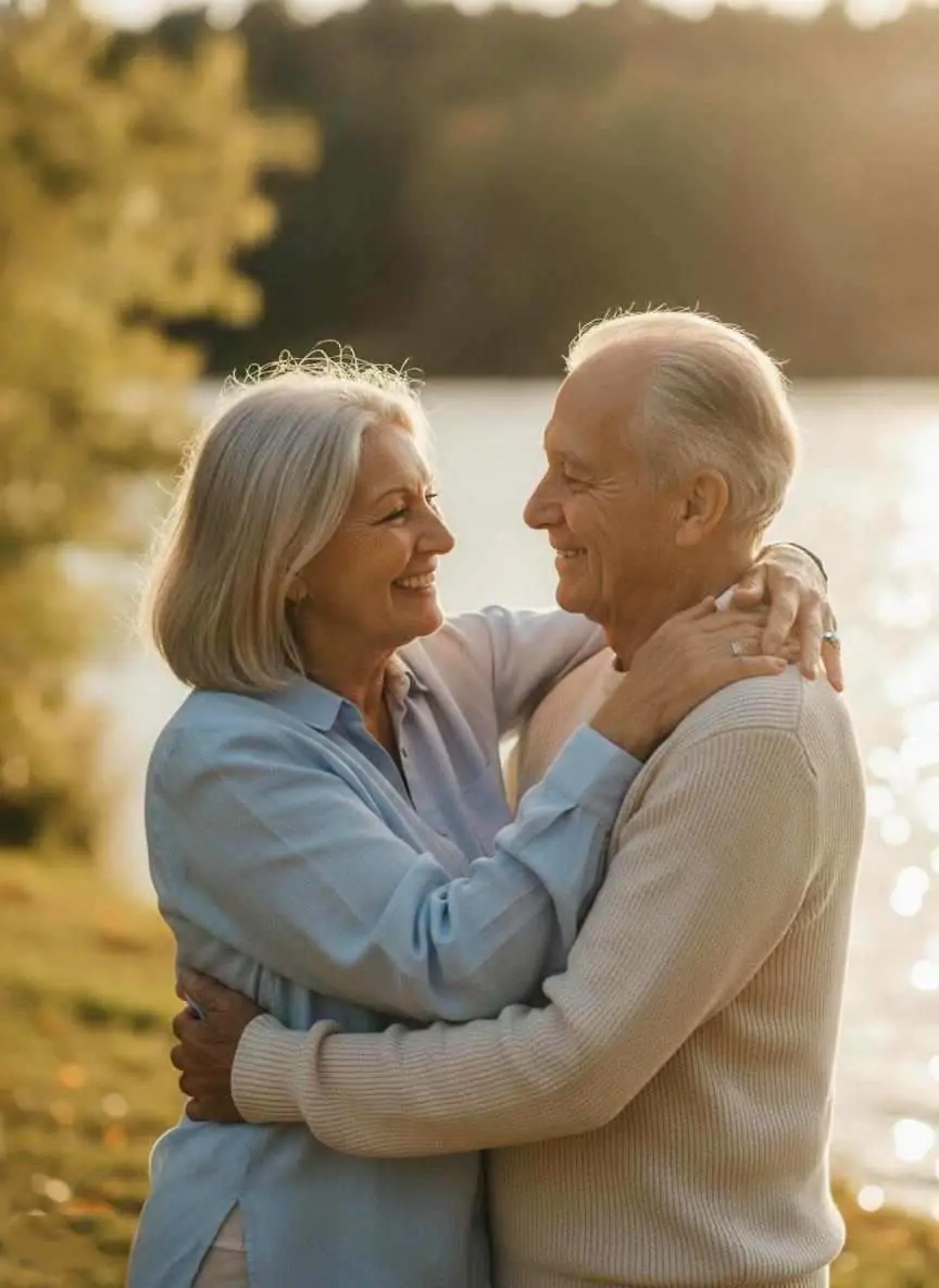 Happy mature couple embracing by a lakeside at golden hour, representing meaningful senior connections in Canada