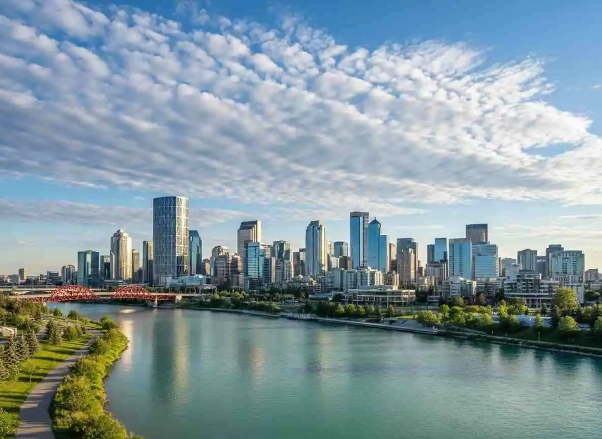 Calgary skyline with Bow River and blue sky