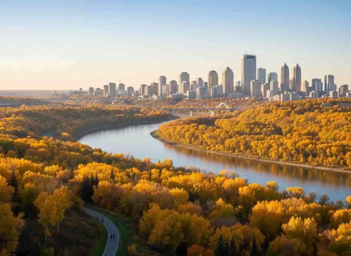 Edmonton river valley with autumn foliage and city skyline