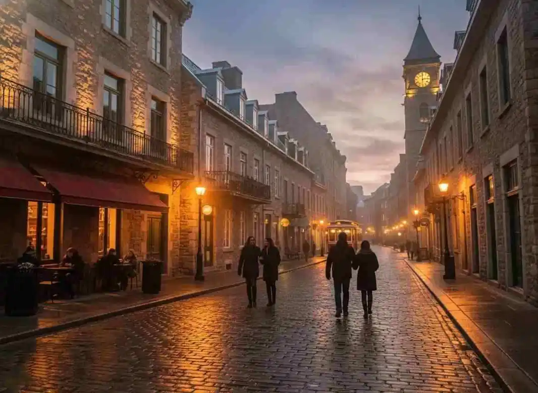 Historic cobblestone streets of Old Montreal at dusk