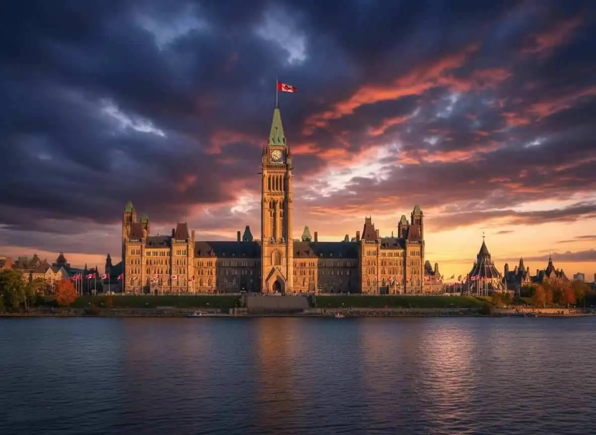 Parliament Hill in Ottawa viewed from across the river