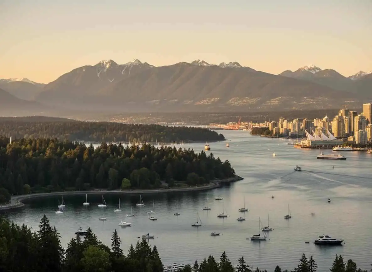 Vancouver harbour with mountains and Stanley Park