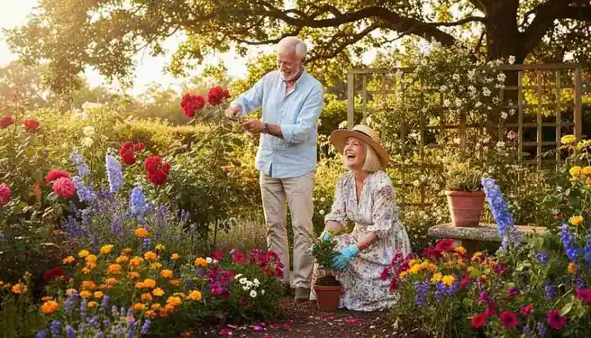 Happy older couple gardening together among colorful flowers on a sunny day