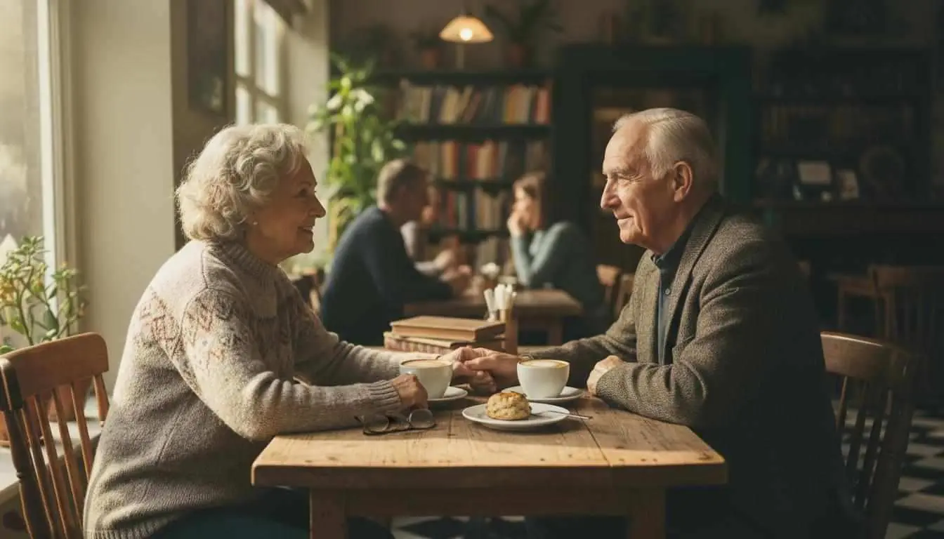 Senior couple enjoying coffee together at a cozy cafe, sharing an intimate moment