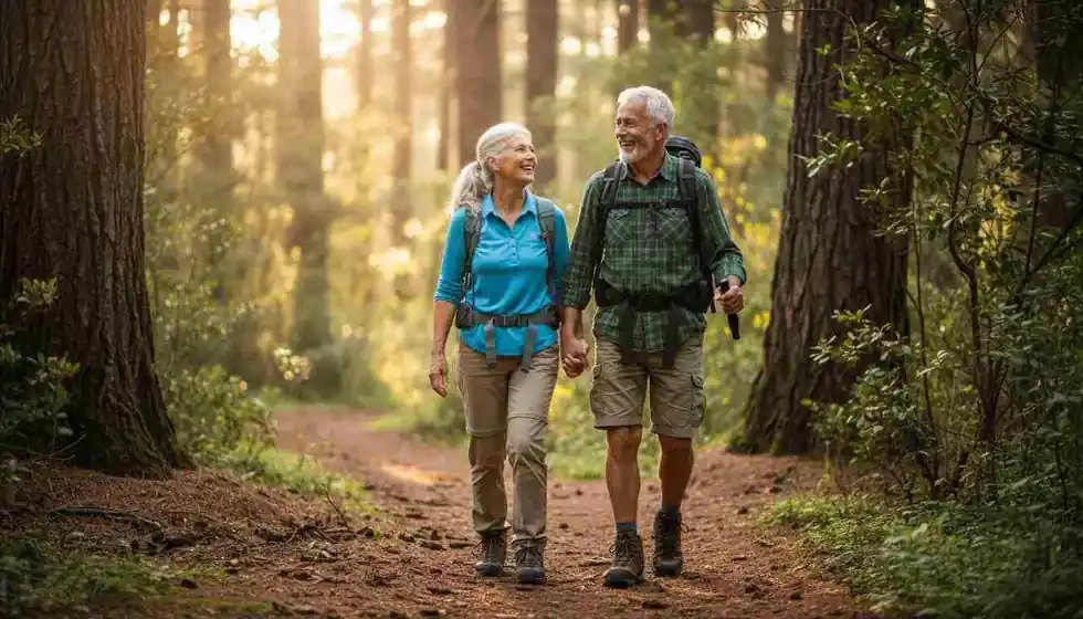 Mature couple walking together on a forest trail, enjoying an active lifestyle
