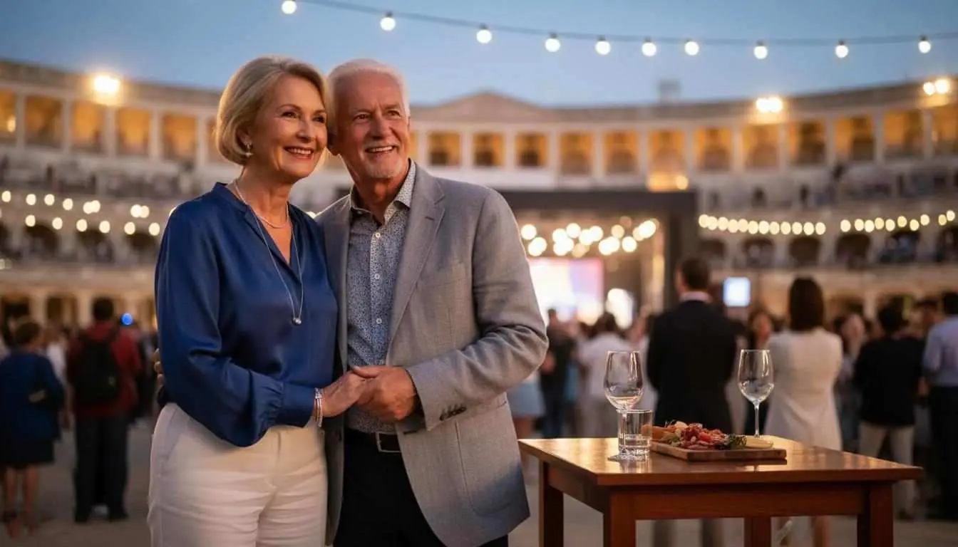 Elegant senior couple attending an outdoor cultural event in the evening